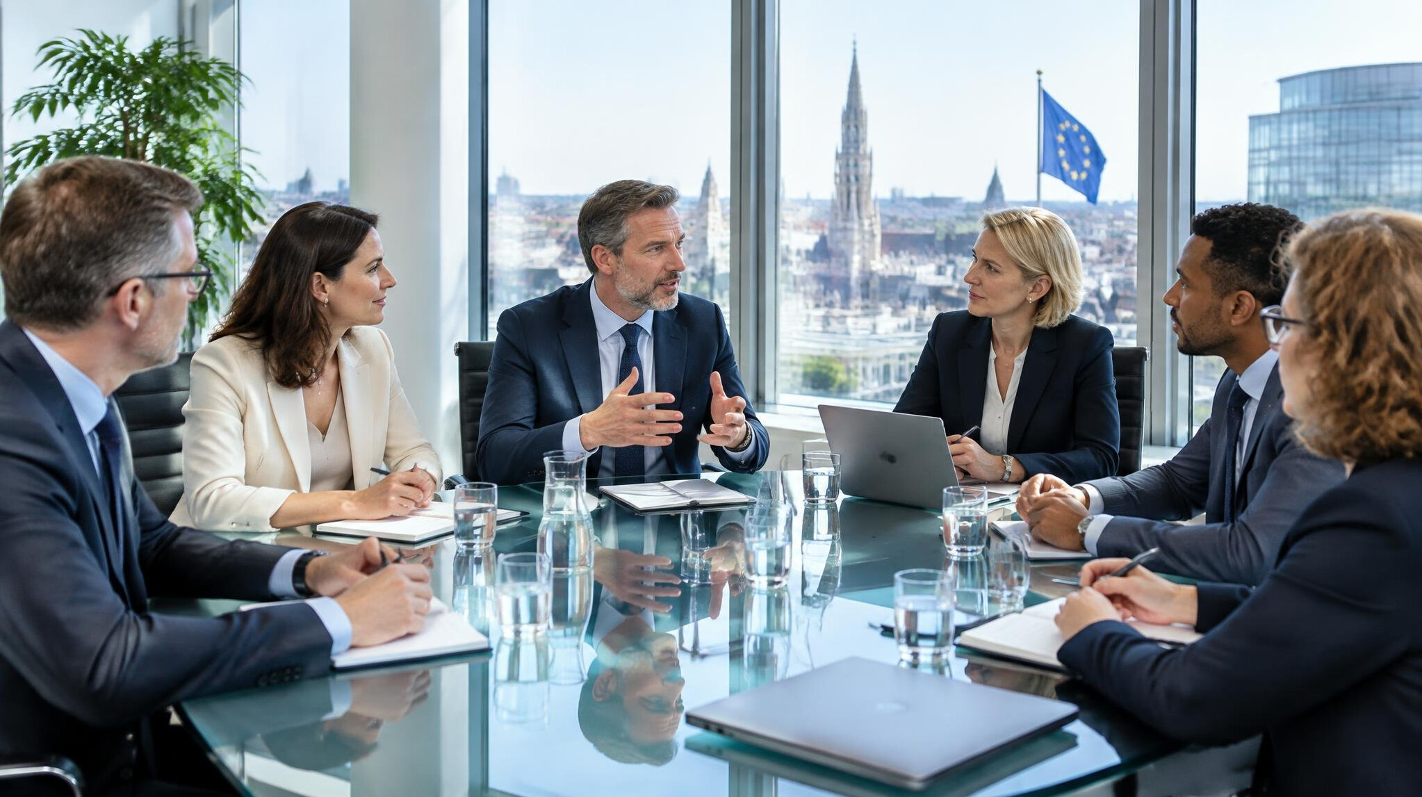 Business executives meeting around a table in a modern boardroom